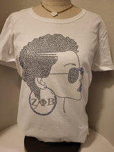 Load image into Gallery viewer, Greek Zeta Bling shirt with lady in blue and black Soror,