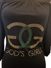 Load image into Gallery viewer, Women Designer Inspired God's Girl, Rhinestone Women off the shoulder Shirt