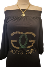 Load image into Gallery viewer, Women Designer Inspired God's Girl, Rhinestone Women off the shoulder Shirt