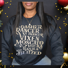 Load image into Gallery viewer, Christmas Holiday Black Sweatshirt UnisexDasher Dancer Prancer Vixen Moscato Vodka Tequila Blitzen Shirt - Funny Christmas Gag Gift - Liquor Shirt