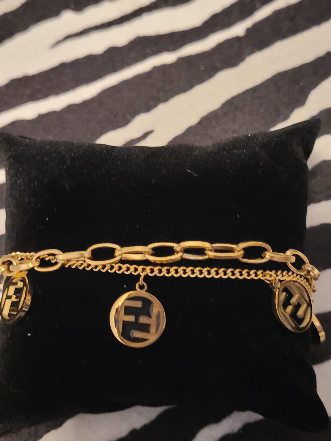 Stainless Steel Value Monogram VIP Black and Gold Charm Bracelet