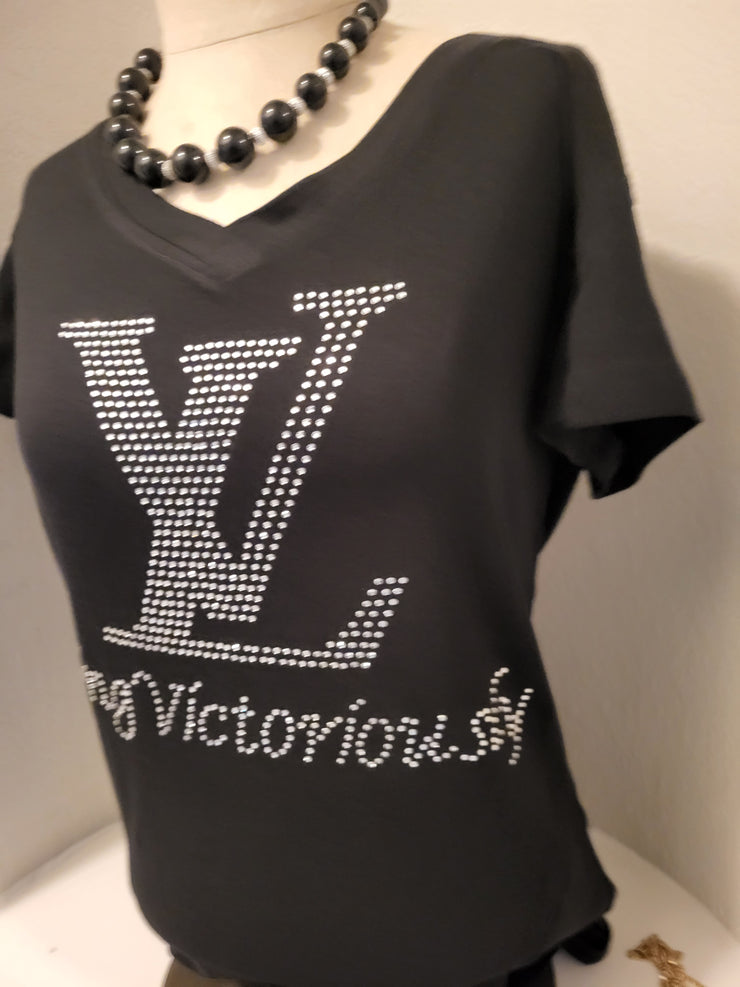 Women Rhinestone Living Victoriously Inspired Black shirt