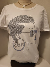 Load image into Gallery viewer, Greek Zeta Bling shirt with lady in blue and black Soror,
