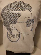 Load image into Gallery viewer, Greek Zeta Bling shirt with lady in blue and black Soror,
