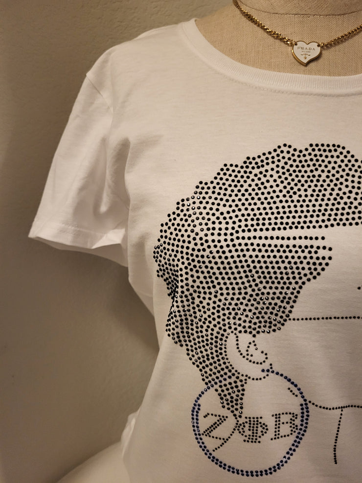 Greek Zeta Bling shirt with lady in blue and black Soror,
