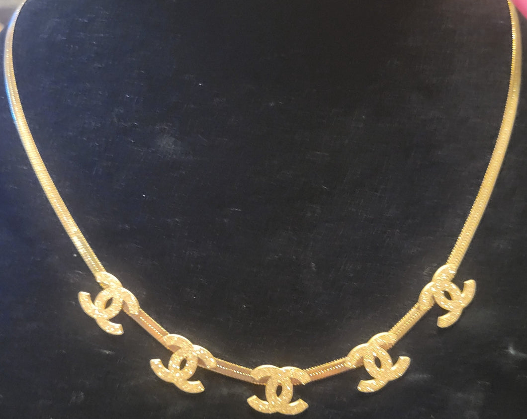 Gold Herringbone flat Monogram Necklace set VIP