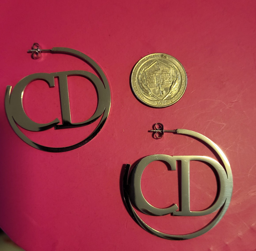 Stainless Steel Cindy Monogram VIP Silver Loop Earrings