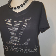 Load and play video in Gallery viewer, Women Rhinestone Living Victoriously Inspired Black shirt
