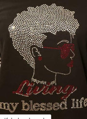 Women Black & White Crew Neck Afro Hair Rhinestone Design T-shirt 2020