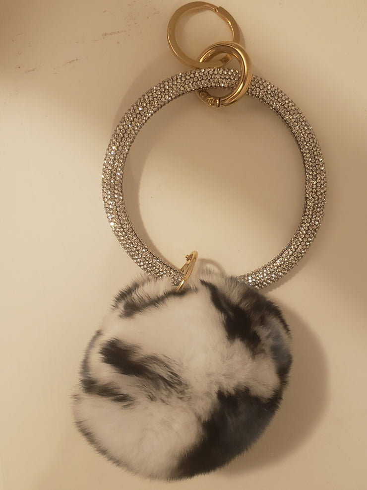 FASHION RHINESTONE wristlet keyring with white blk rabbit fur