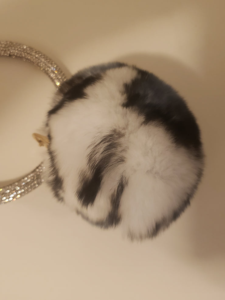 FASHION RHINESTONE wristlet keyring with white blk rabbit fur
