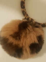 FASHION RHINESTONE wristlet keyring with Brown rabbit fur