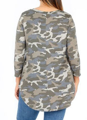 Rayon Camouflage print 3/4 sleeve v neck