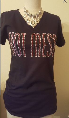 Women's V-neck Hot Mess Rhinestone Bling Shirt 2020
