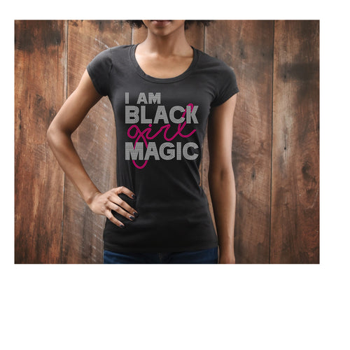 Women's handmade Birthday rhinestone V Neck Magic Girl Black T-Shirt