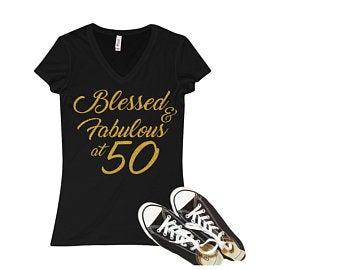 Best Women's V Neck Printed Birthday 50th Fitted Shirt Online
