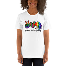 Load image into Gallery viewer, Love Peace Gay Pride Tee Unisex
